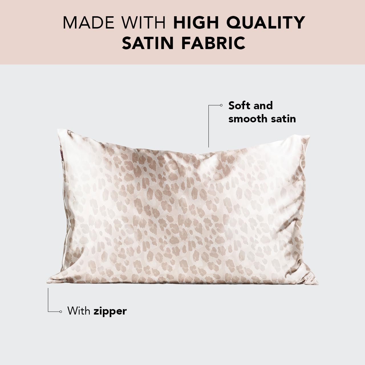 Kitsch satin pillowcase leopard closeup shows silky sheen and frizz reduction.