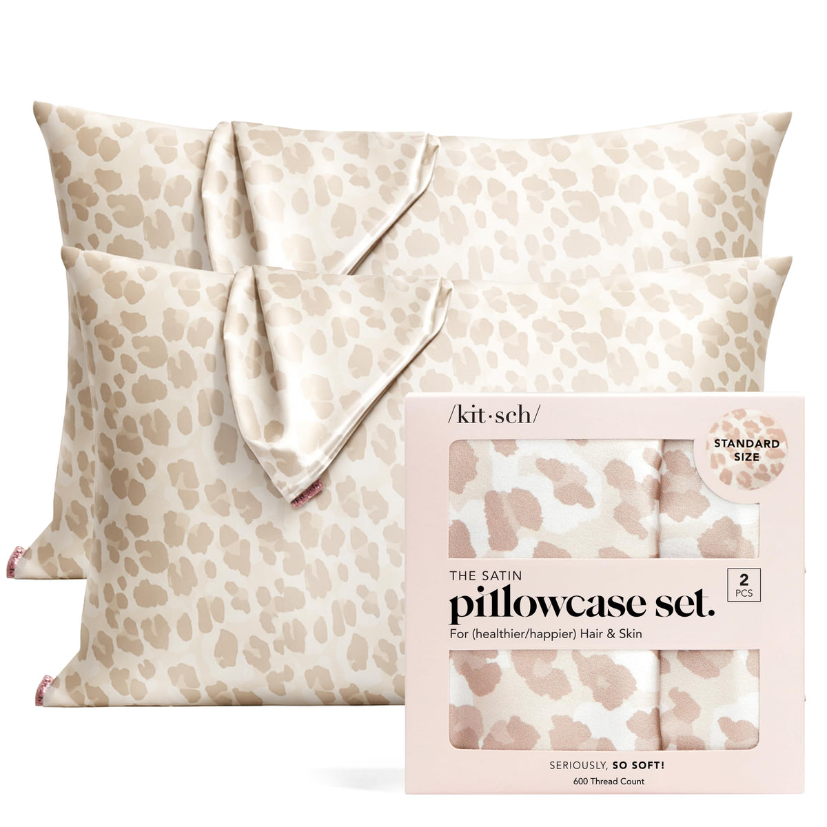 Kitsch satin pillowcase leopard zipper secures pillow for night use.