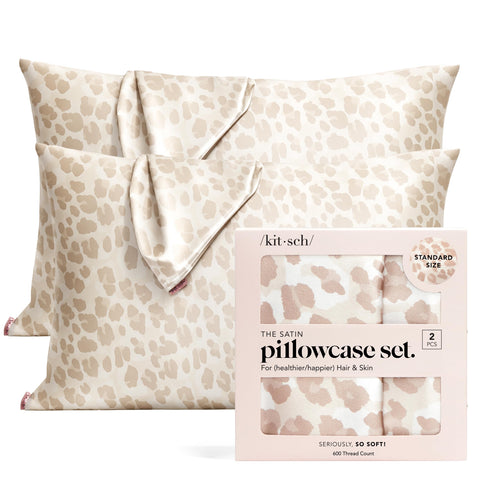 Kitsch satin pillowcase leopard zipper secures pillow for night use.