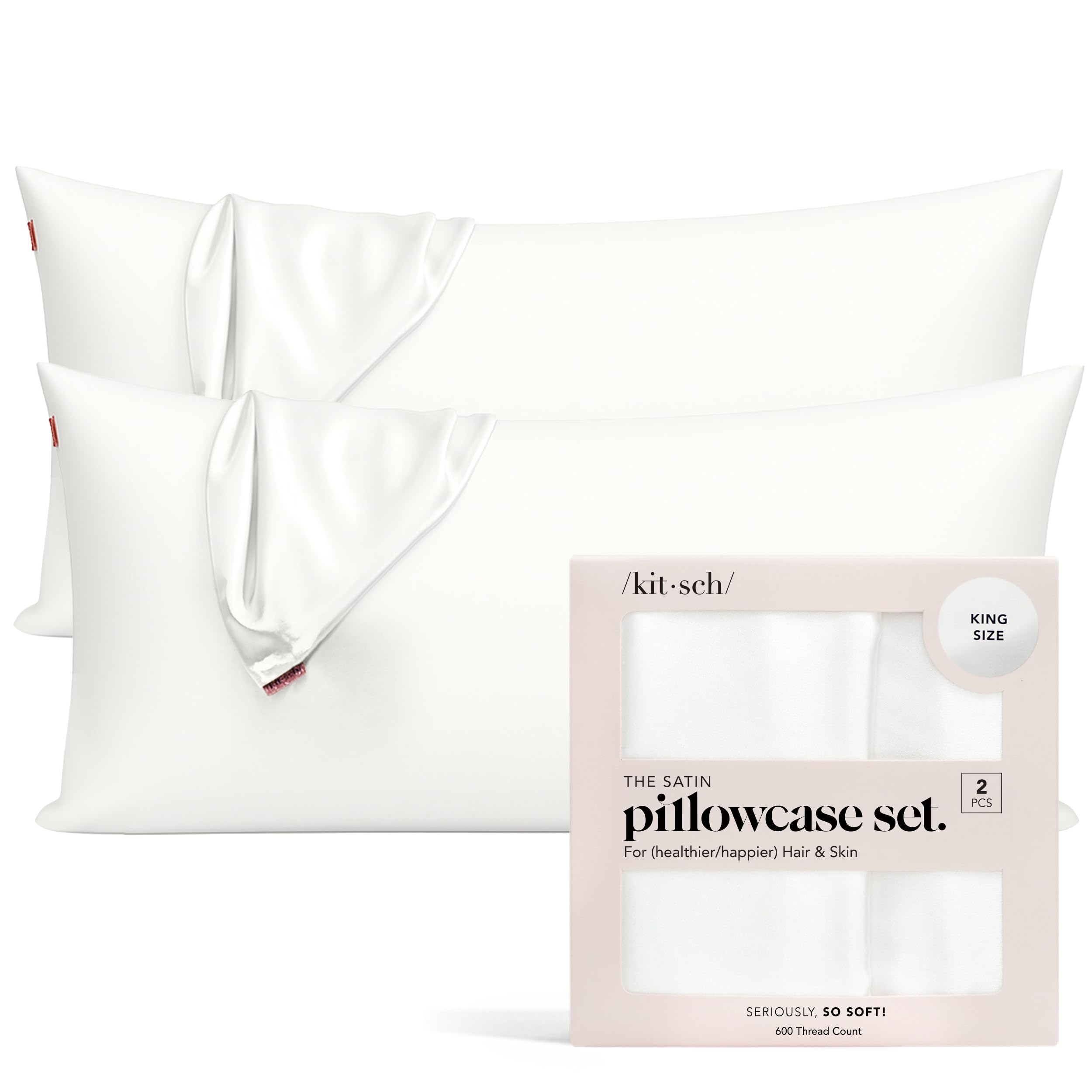 Kitsch satin pillowcase with zipper in ivory, secure night fit.