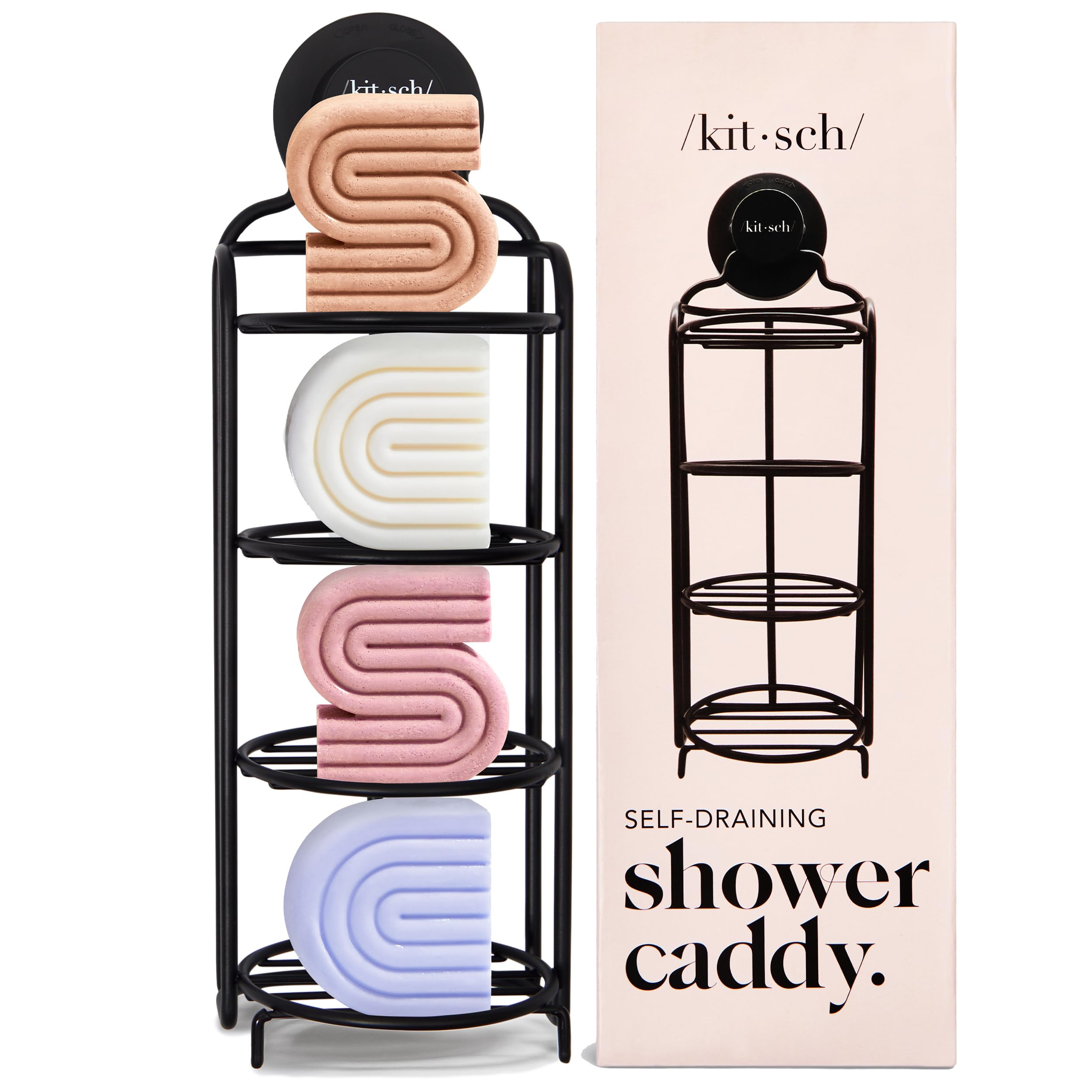 Kitsch shower caddy with suction cup for secure wall hanging and organized toiletries.