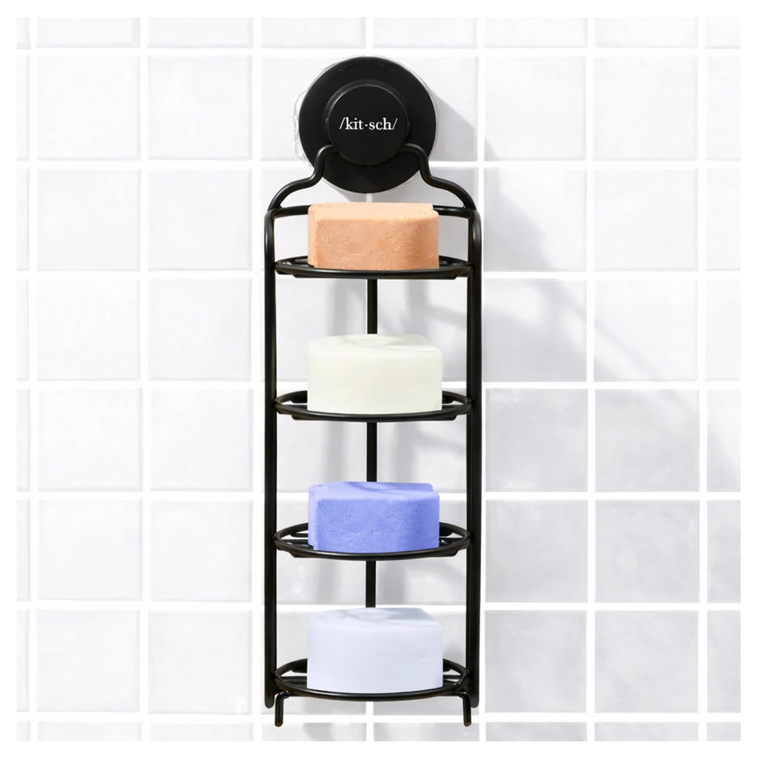 Kitsch wall-mounted shower caddy organizer keeps bottles neatly within reach.