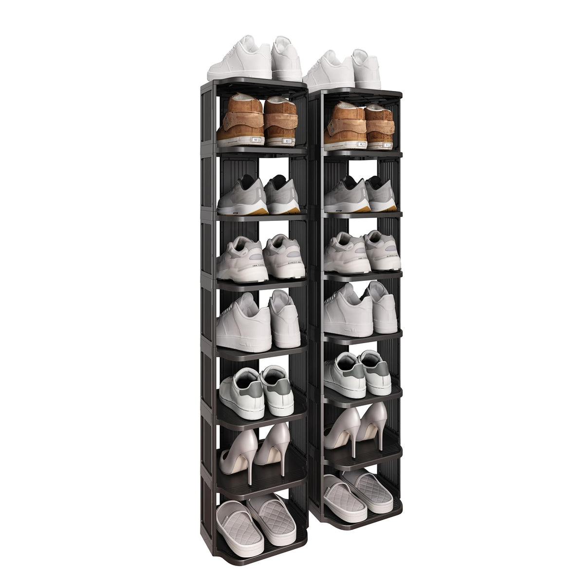 Kitstorack 16-tier shoe rack in vertical setup saves space in small closets.