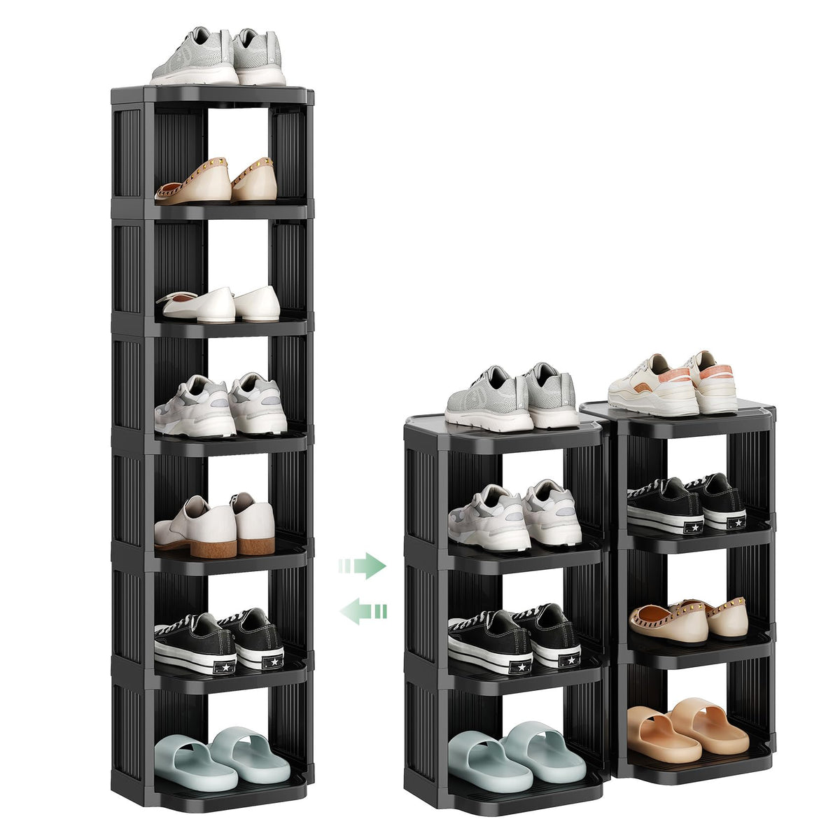 Kitstorack 8-tier vertical shoe rack displaying organized sneakers in a compact entryway.