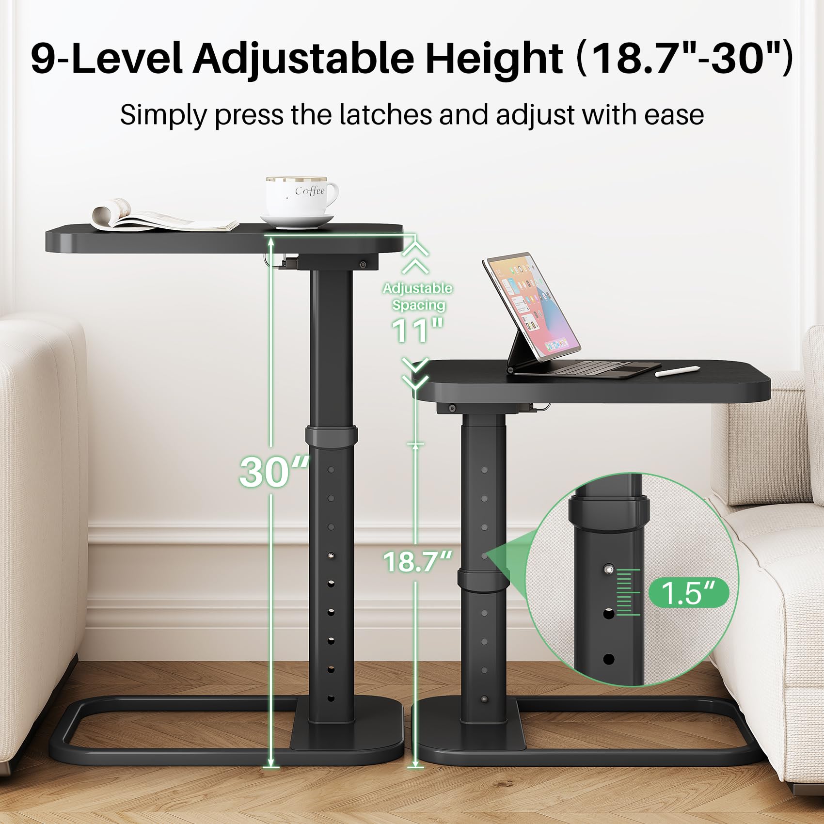 Kitstorack adjustable-height TV tray shown at multiple heights for comfy eating or working.