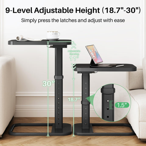 Kitstorack adjustable-height TV tray shown at multiple heights for comfy eating or working.