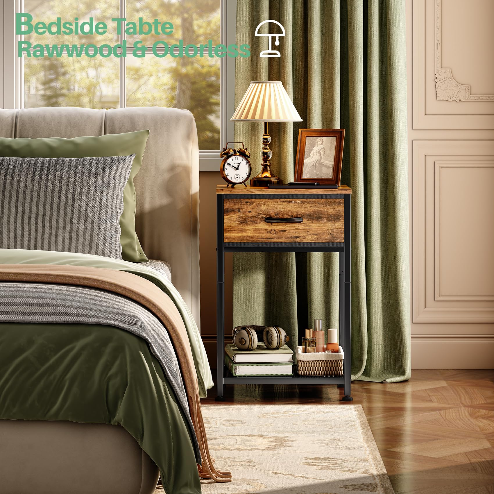 Kitstorack bedside table mesh shelf adding modern texture and open storage.