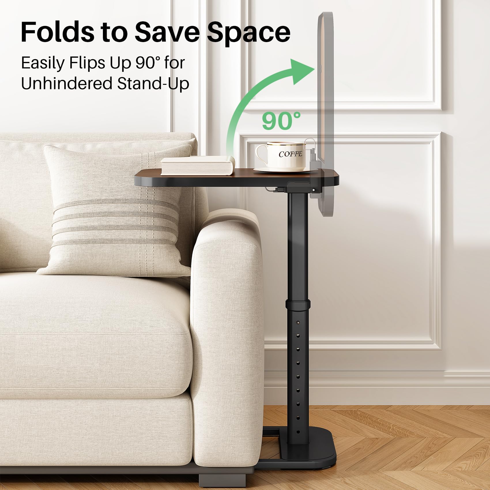 Kitstorack couch-edge table keeps snacks within arm's reach.
