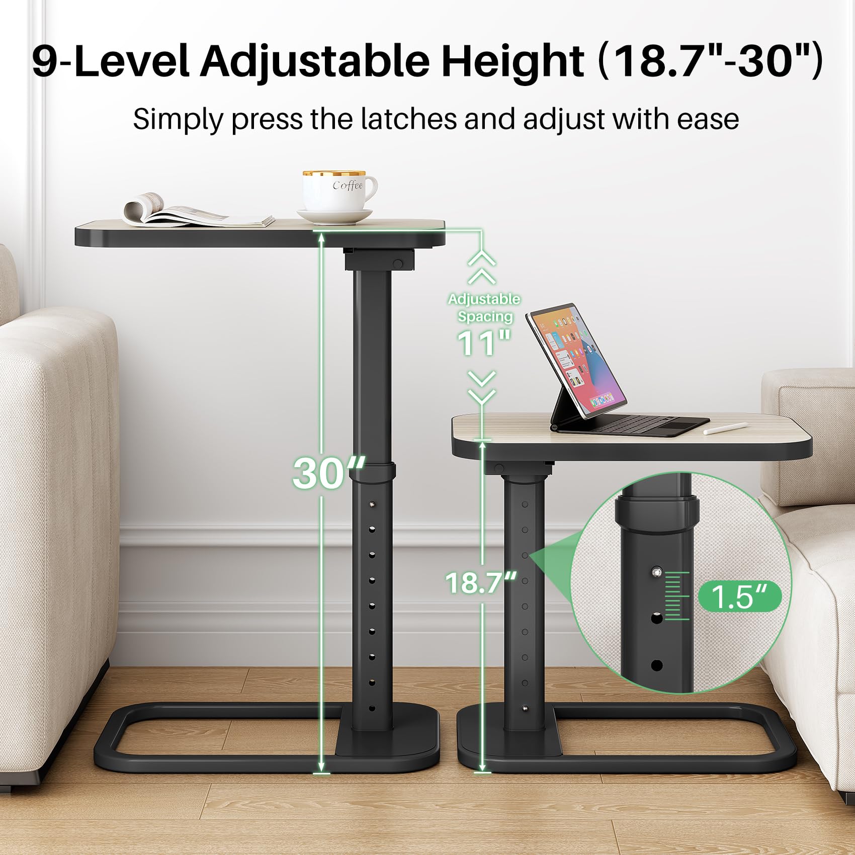 Kitstorack Driftwood Grey adjustable-height tray table for customizable eating or working height.