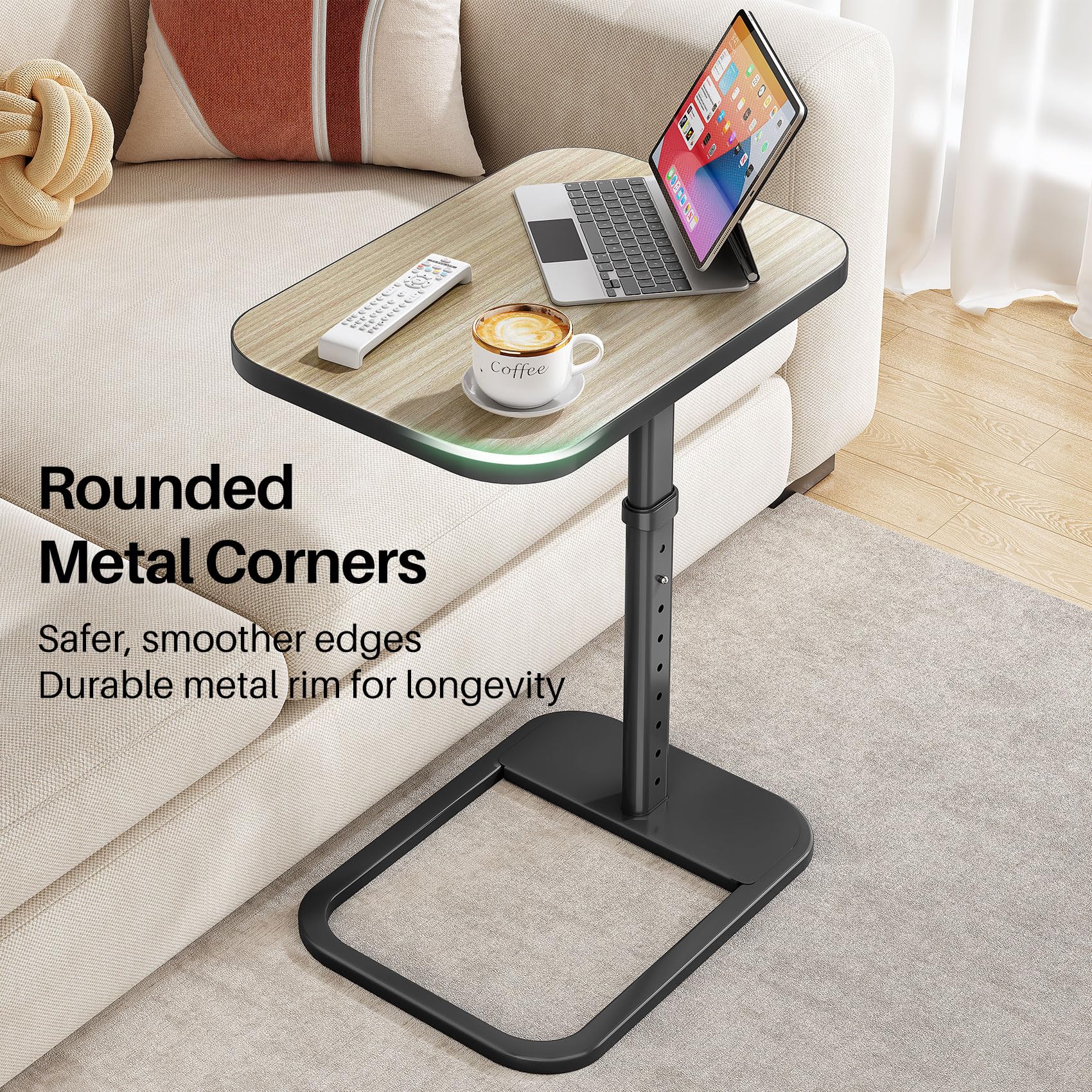 Kitstorack Driftwood Grey sofa side table at the edge for easy reach.