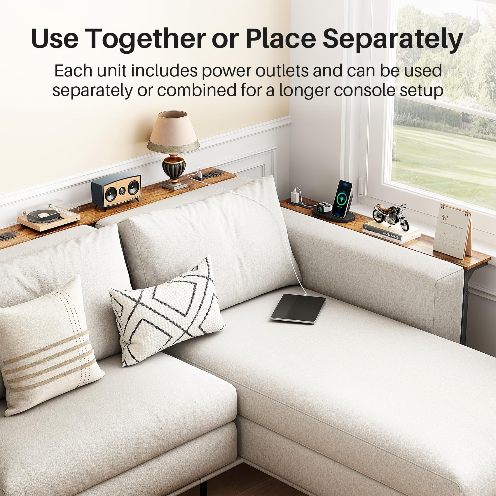 Kitstorack 78.8-inch length fits behind sofas for expanded surface.