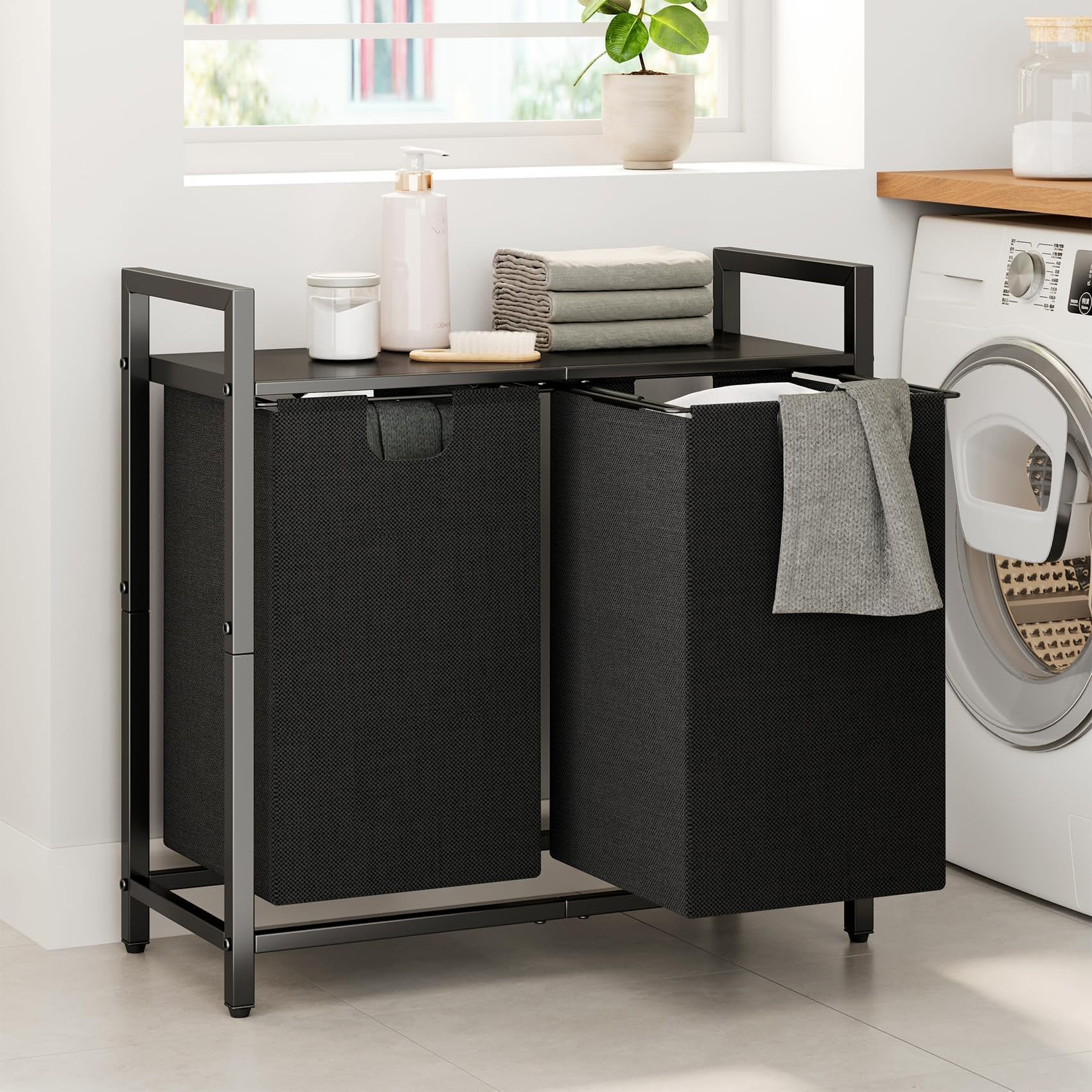 Kitstorack laundry basket organizer with shelf keeps detergents handy and dirty clothes neatly hidden.