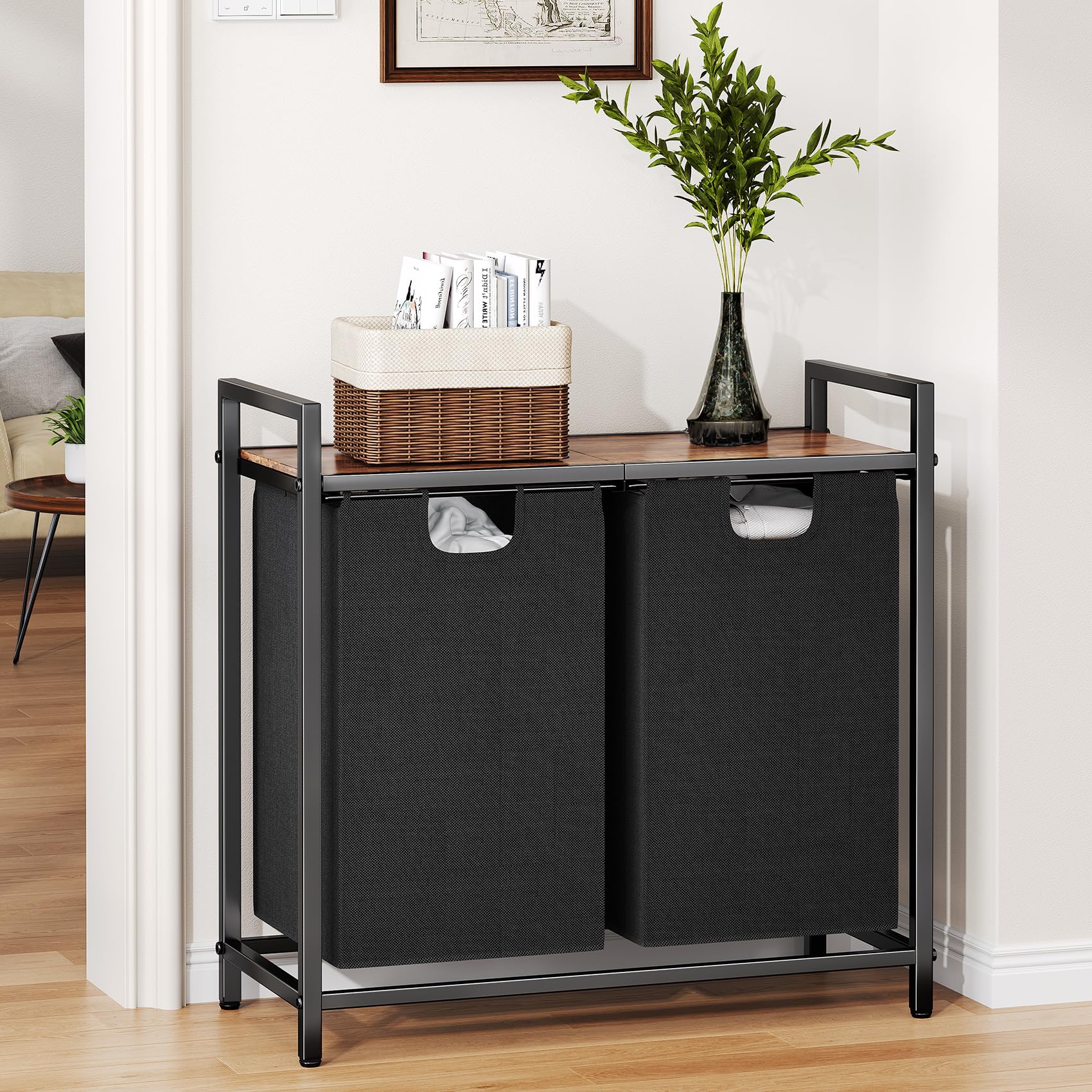 Kitstorack two-compartment design helps separate laundry efficiently.