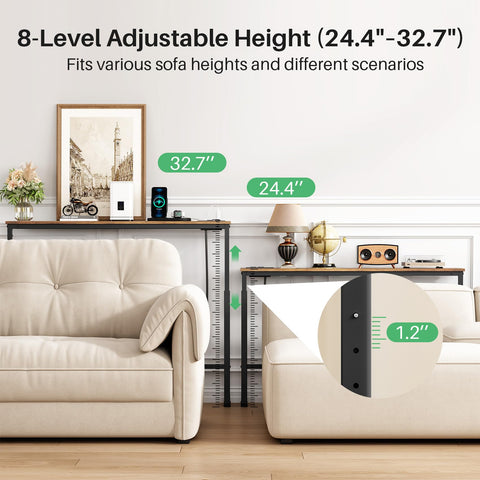 Kitstorack adjustable-height console highlights customizable height for sofa setups.