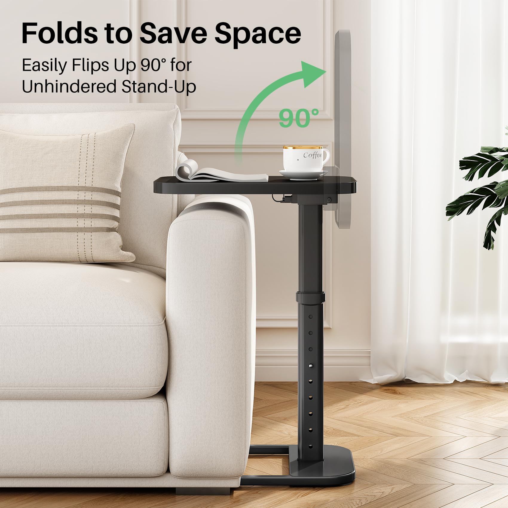 Kitstorack space-saving couch table fits at the sofa edge for snacks within reach.