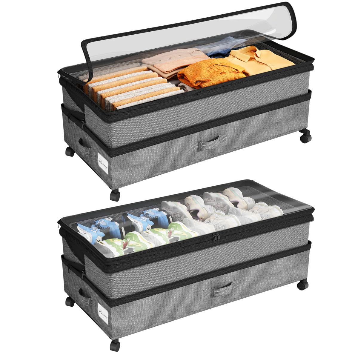 Kitstorack under bed storage with wheels, easily accessible for daily items.