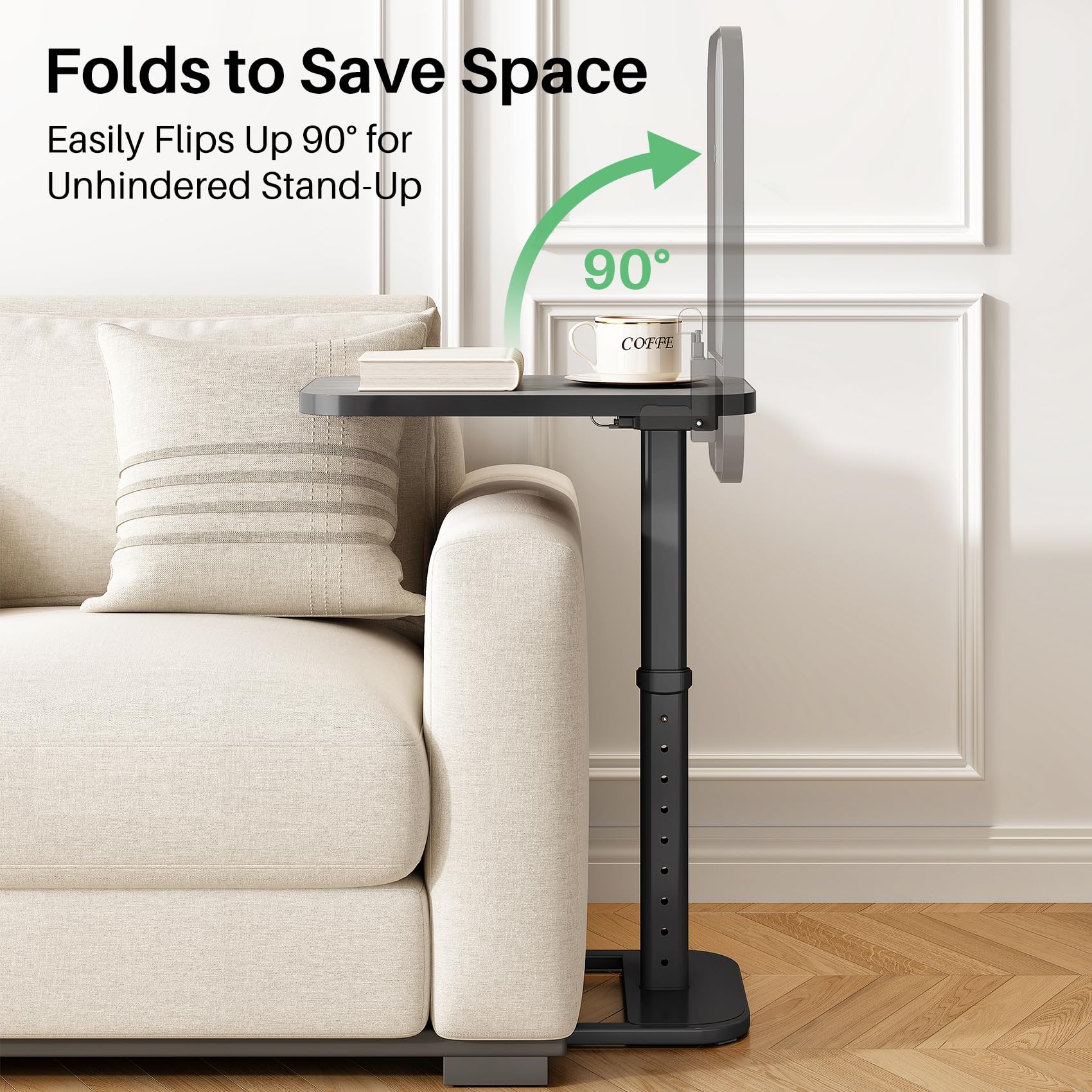 Kitstorack edge-of-sofa setup keeps snacks within easy reach.