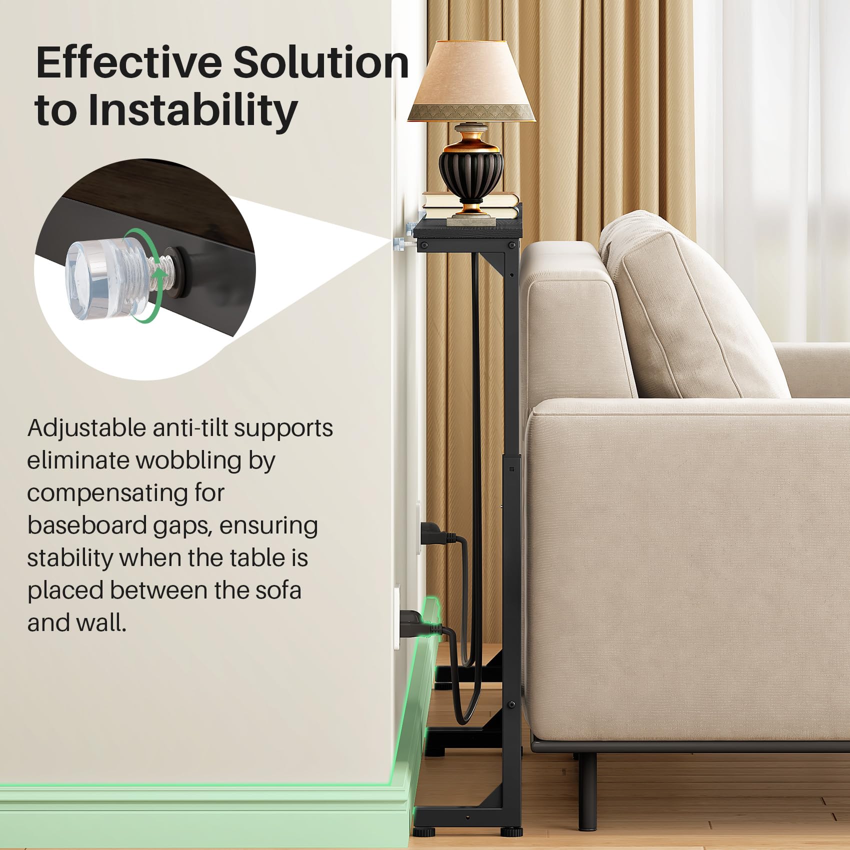 Kitstorack wall-stability system prevents tipping and protects baseboards.