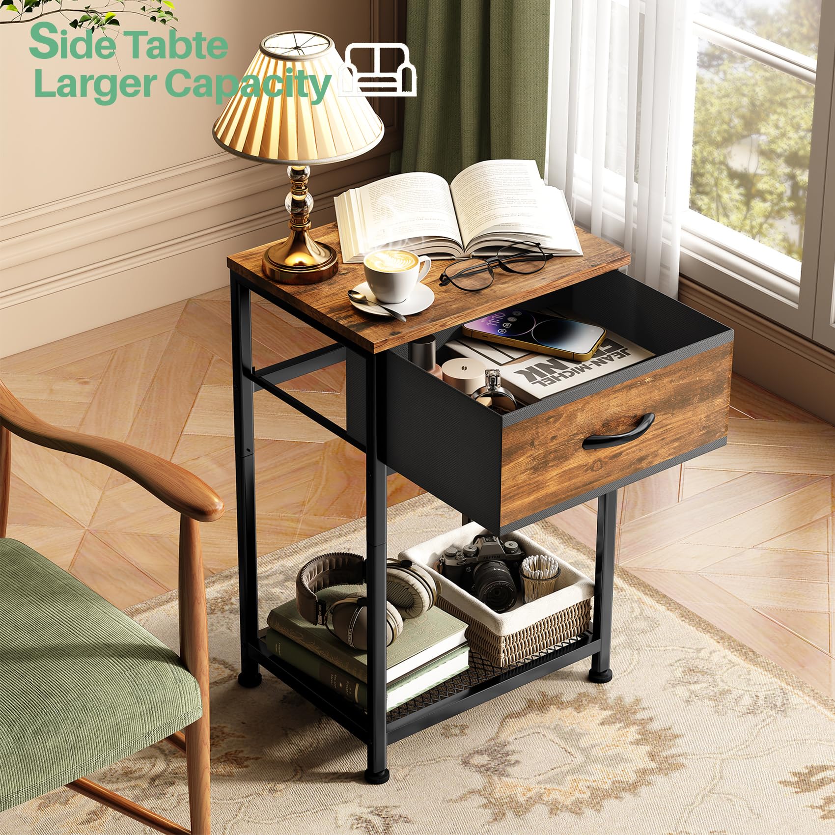 Kitstorack night stand wood top that resists moisture and scratches.