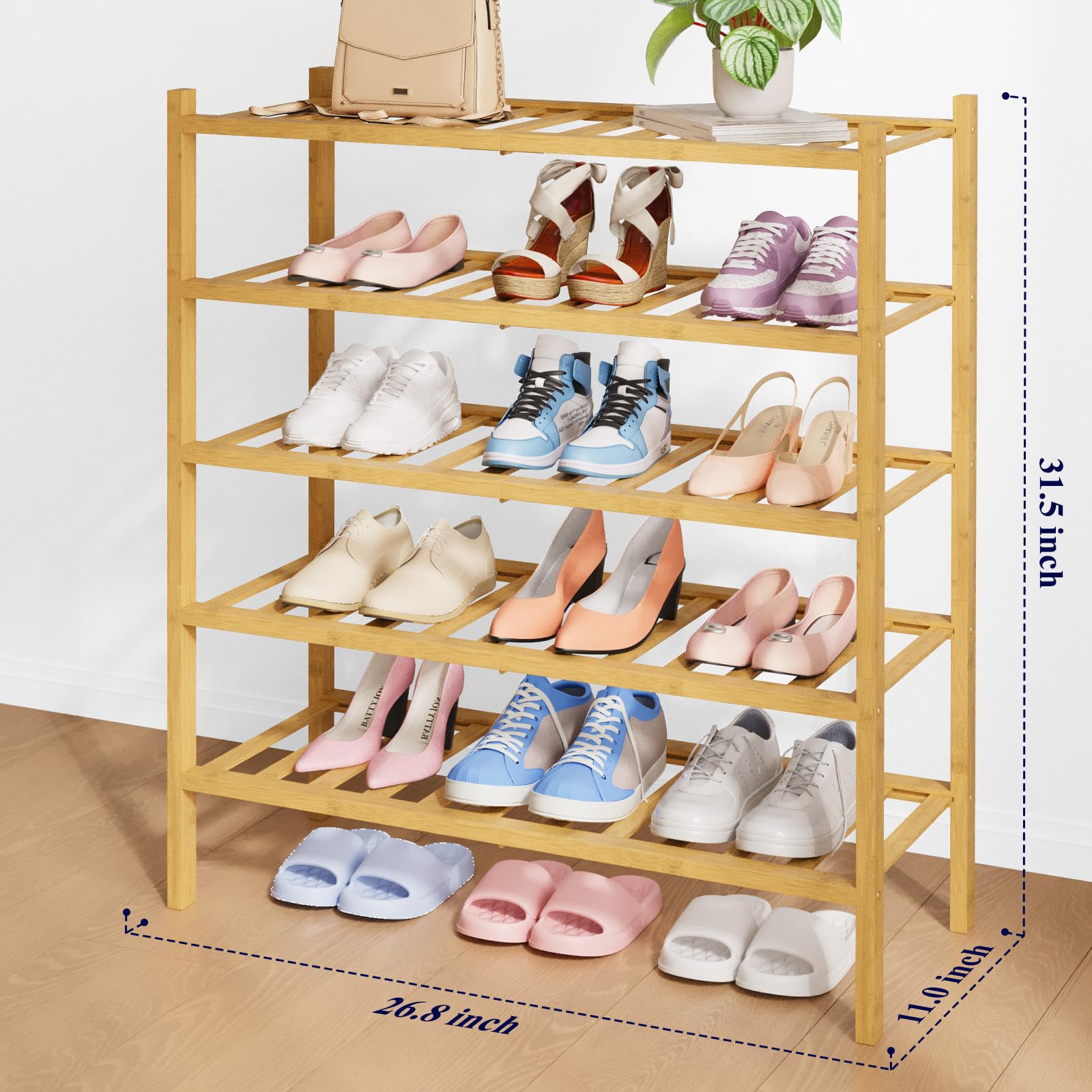 Kitsure bamboo shoe rack 5-tier side view highlights modular durability.