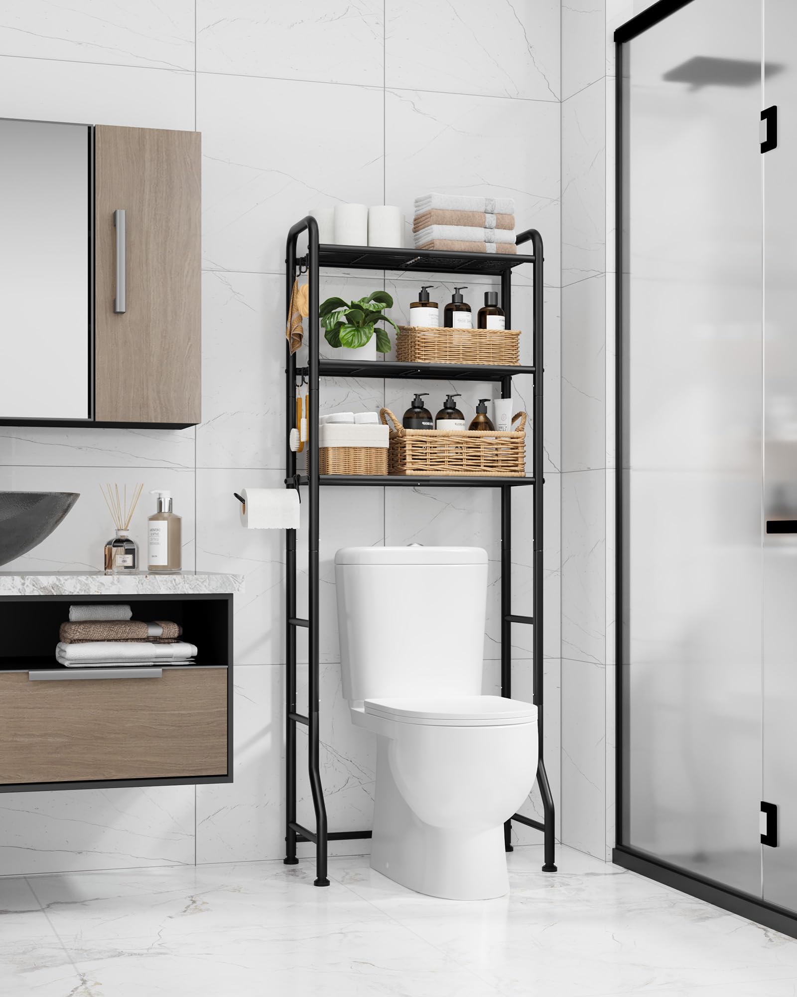 Kitsure bathroom organizer with paper holder detail highlighting convenient toilet paper access.