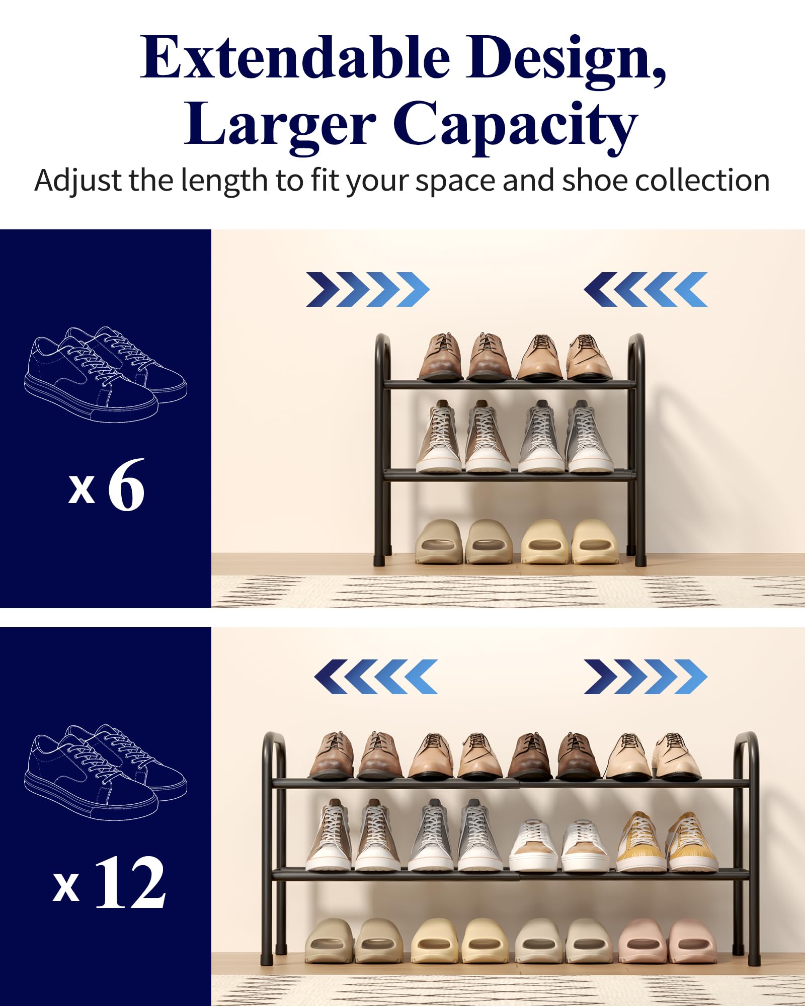 Kitsure extendable shoe rack bottom-tier storage for extra shoes