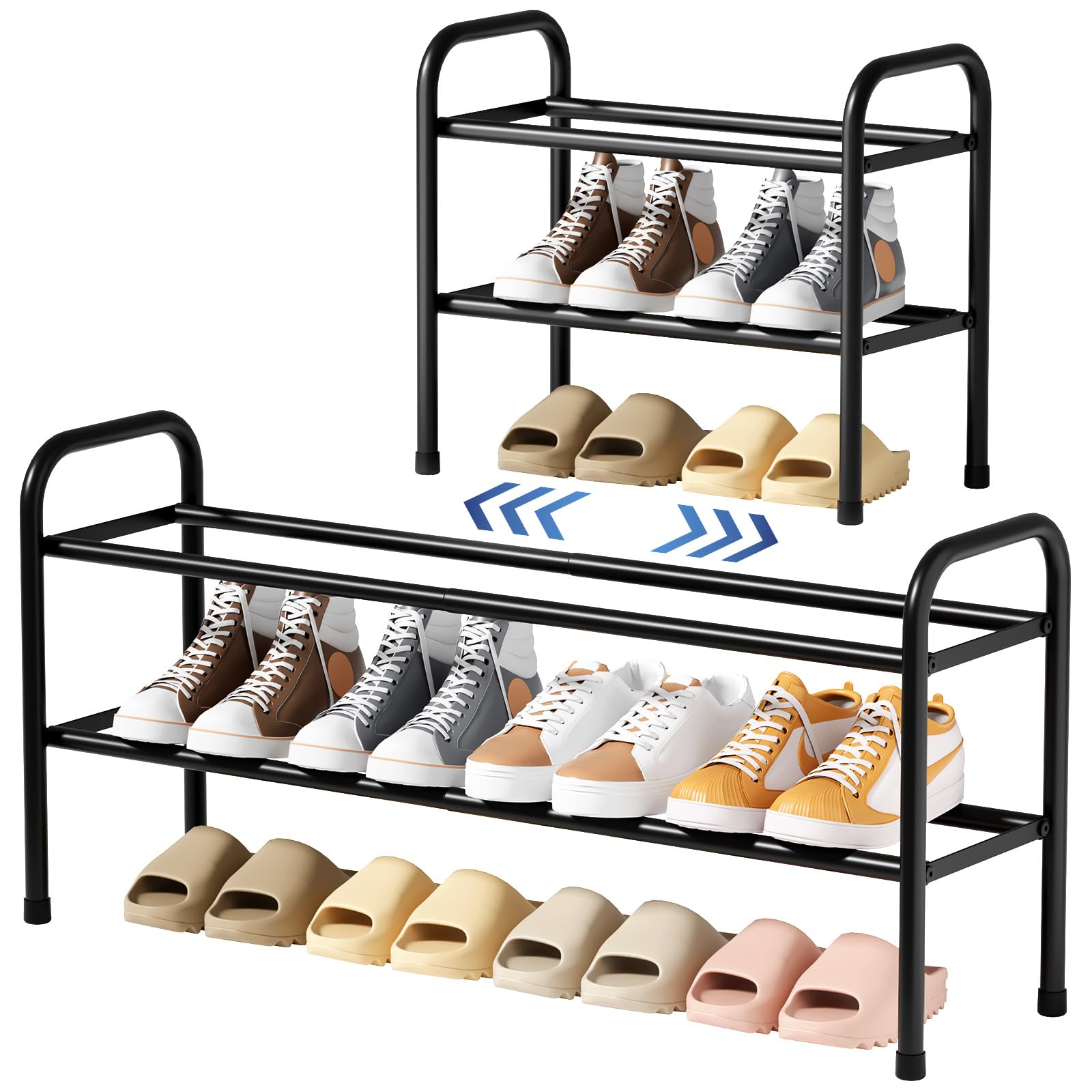 Kitsure extendable shoe rack extended length showing space-saving flexibility