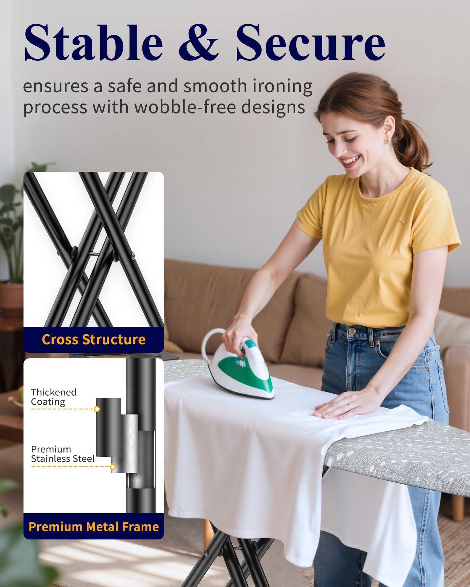 Kitsure ironing board frame demonstrates wobble-free stability during use