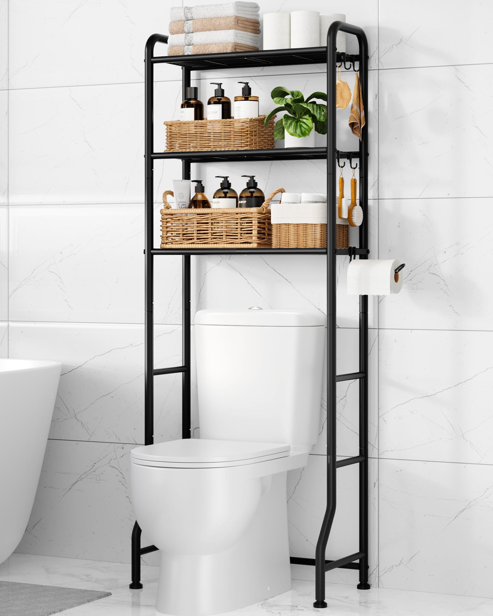 Kitsure over-toilet rack in full setup showing 3 shelves for clutter-free bathroom storage.