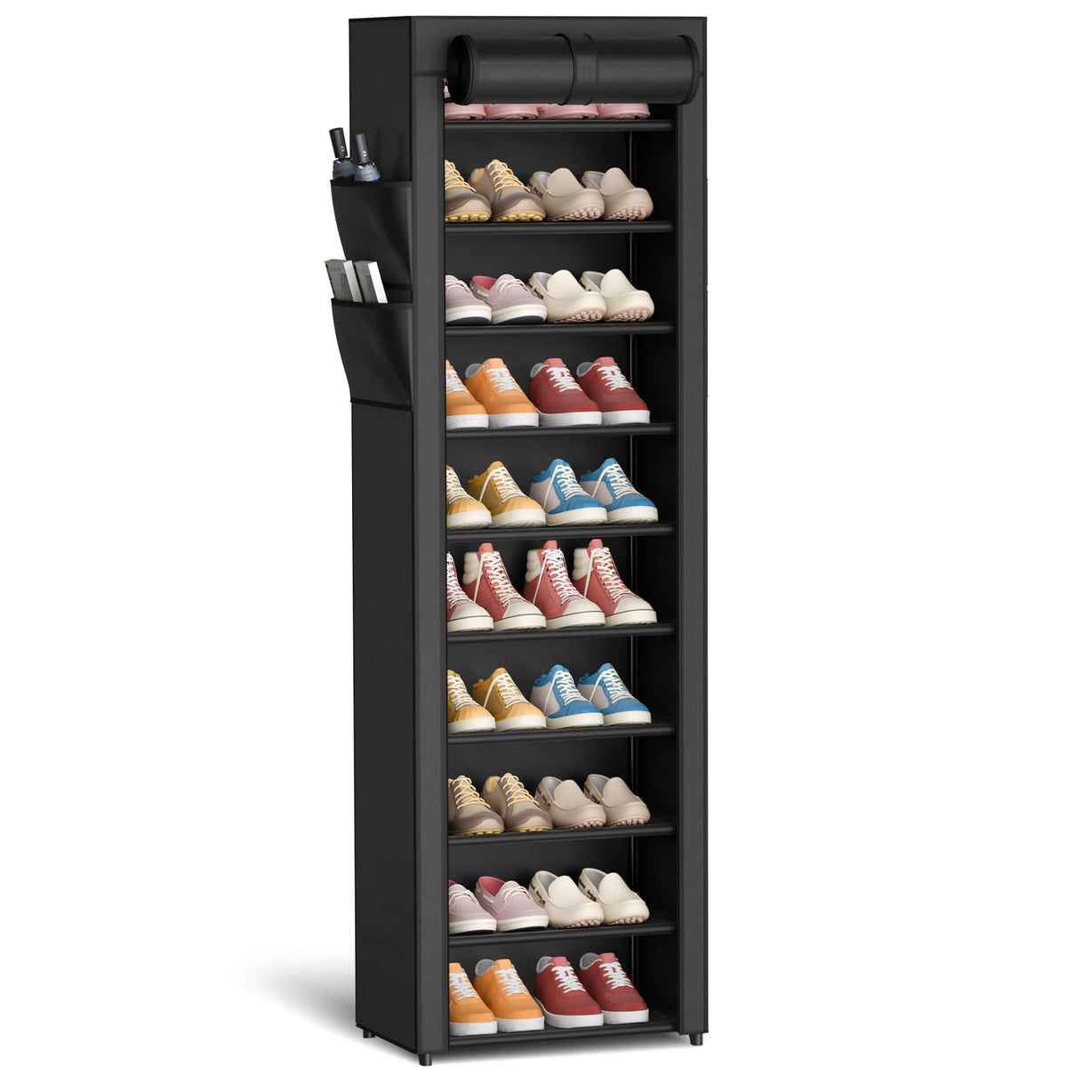 Kitsure 10-tier shoe rack with dust cover showing organized storage for 20 pairs