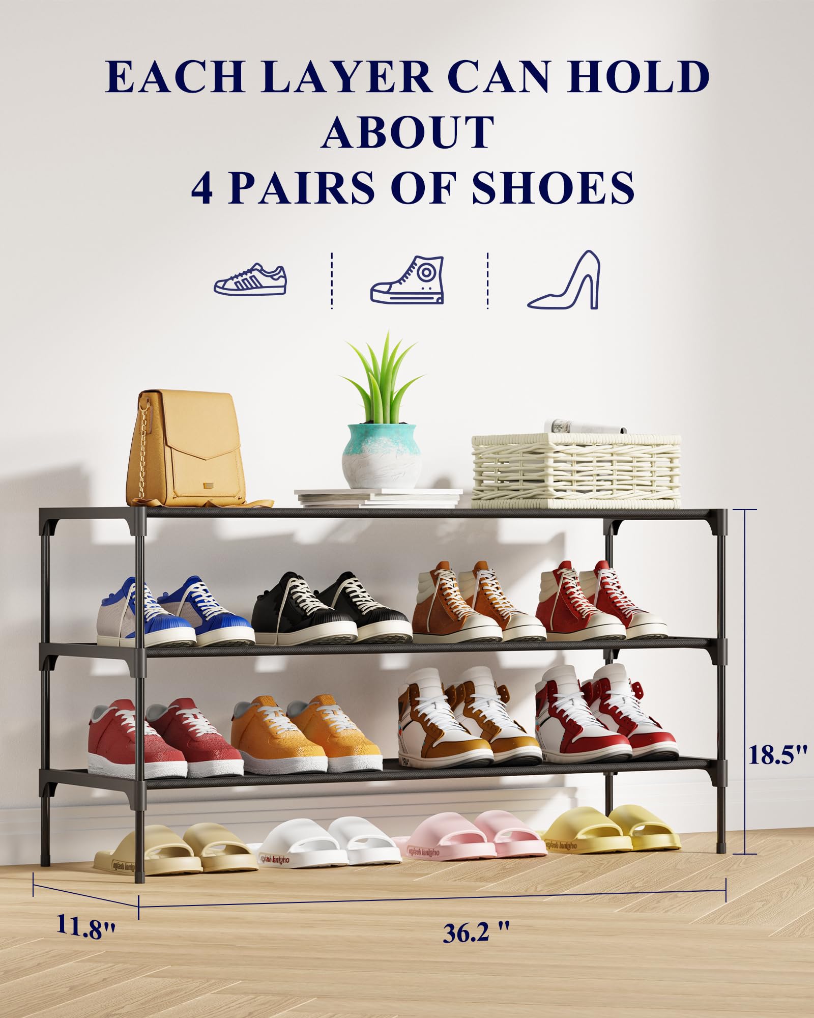 Kitsure 3-tier black shoe rack, front view, ideal for closets and entryways.