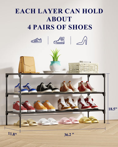 Kitsure 3-tier black shoe rack, front view, ideal for closets and entryways.