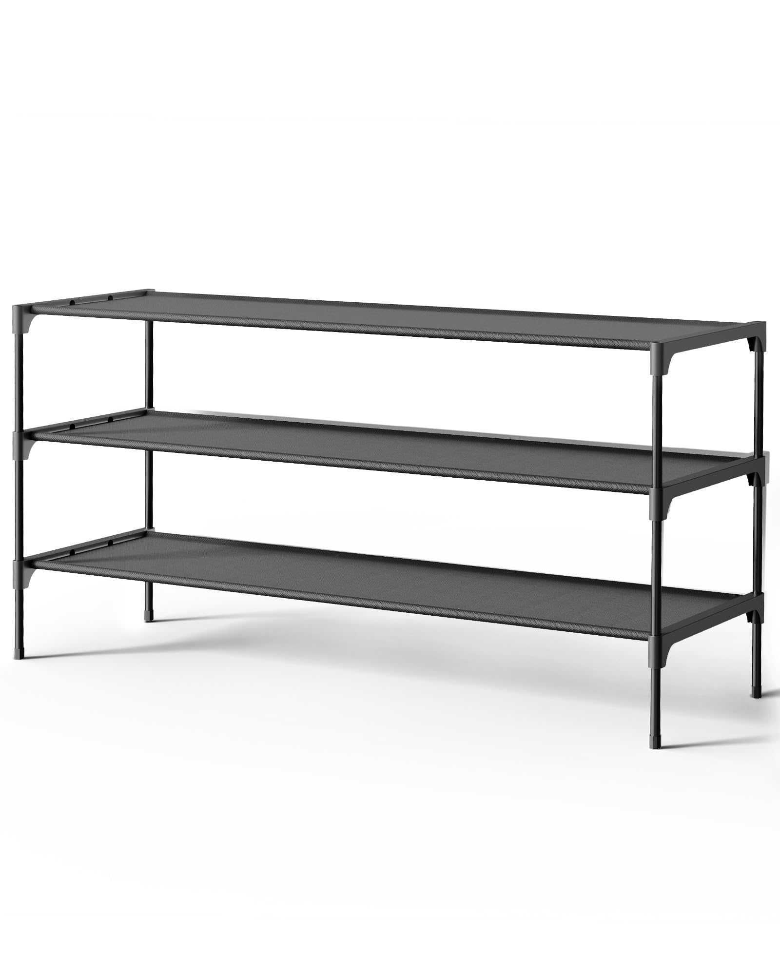 Kitsure 3-tier black shoe rack, side view, showcasing stackable storage.