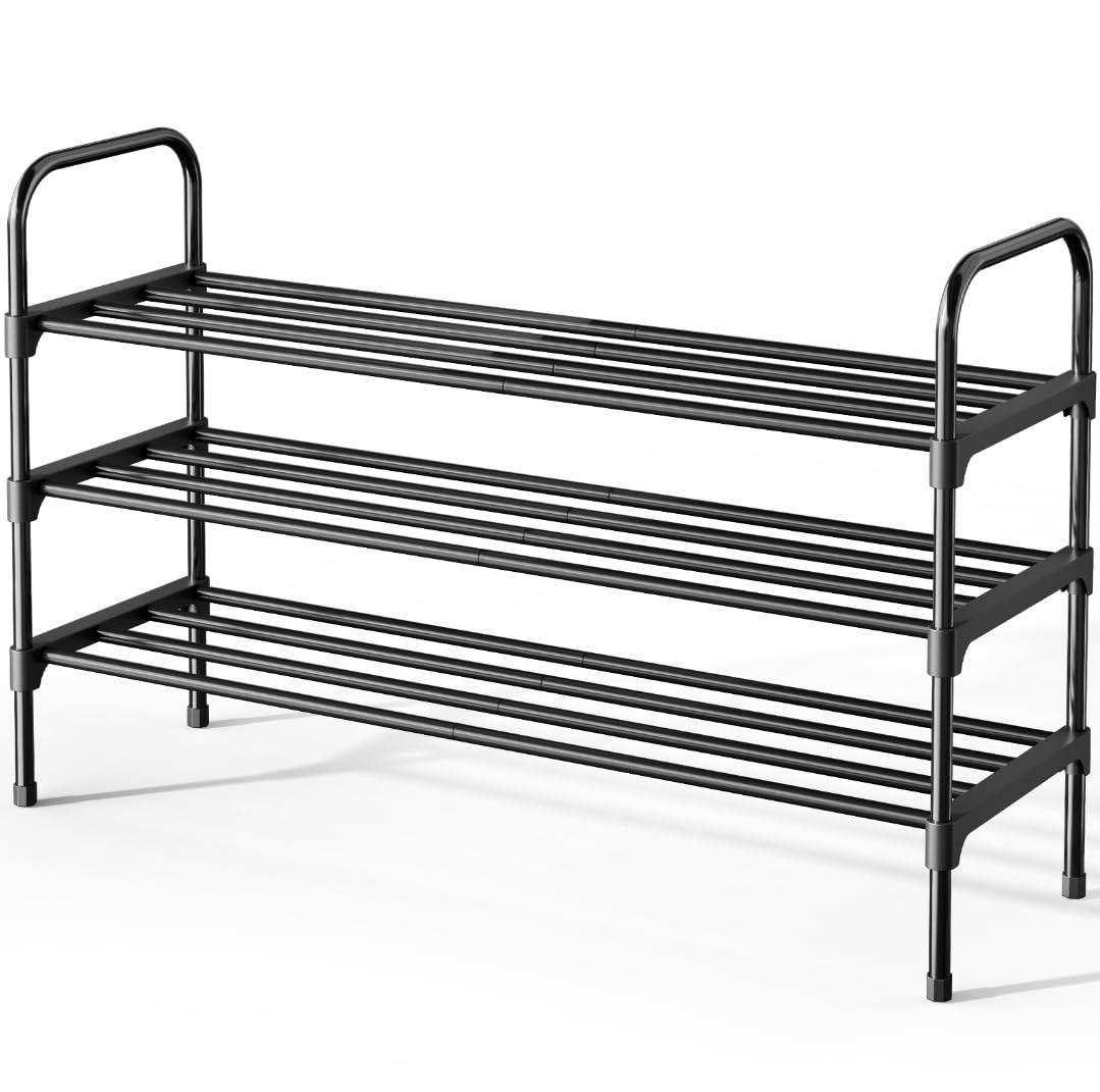 Kitsure 3-Tier Shoe Rack front view shows space-saving silhouette.