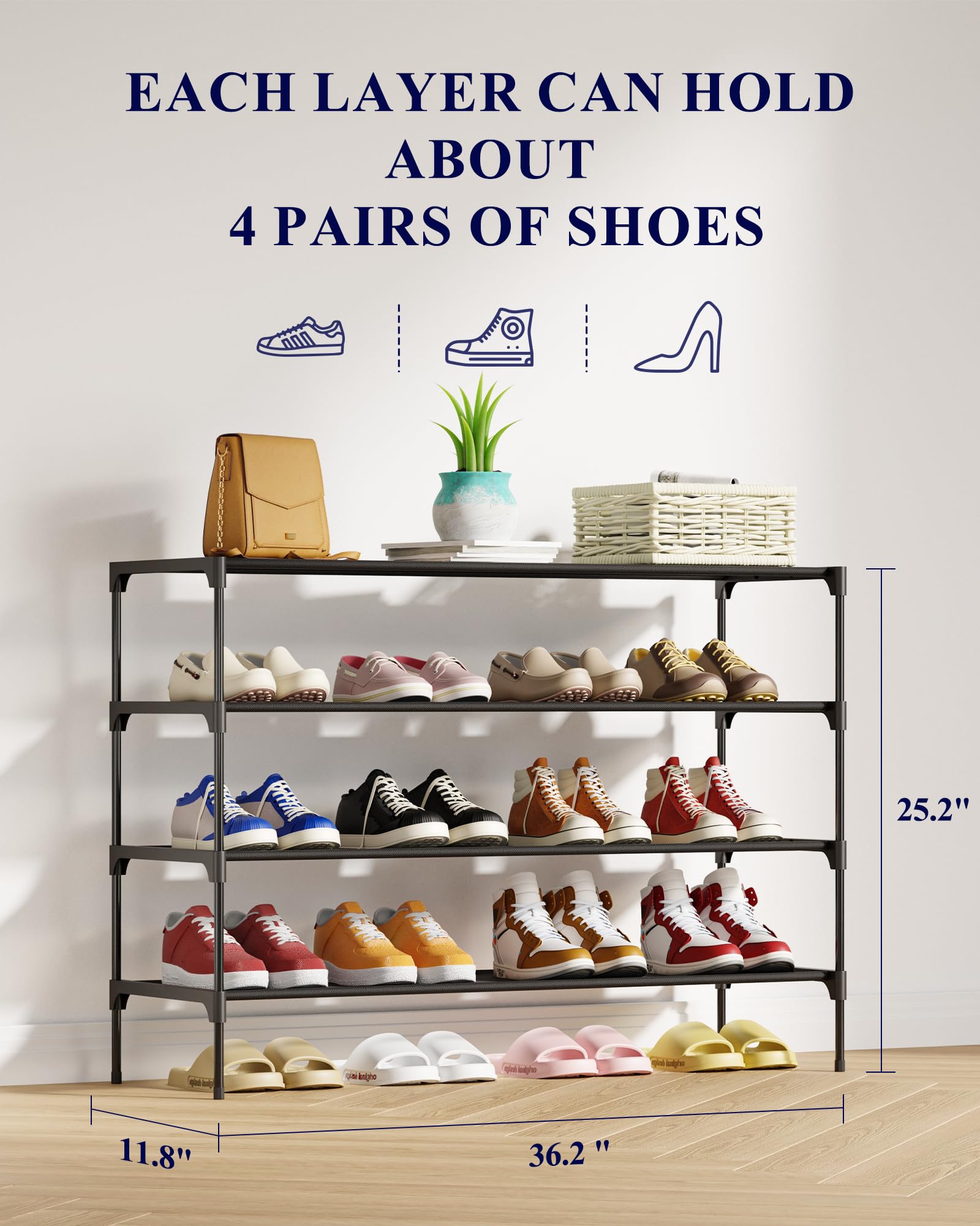 Kitsure 4-tier rack assembled in entryway, showing stackable design and dust-resistant shelves.