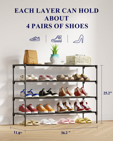 Kitsure 4-tier rack assembled in entryway, showing stackable design and dust-resistant shelves.