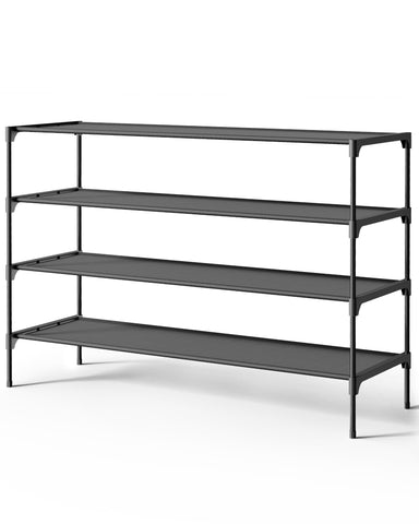 Kitsure 4-tier black shoe rack front view offering spacious storage for everyday footwear.