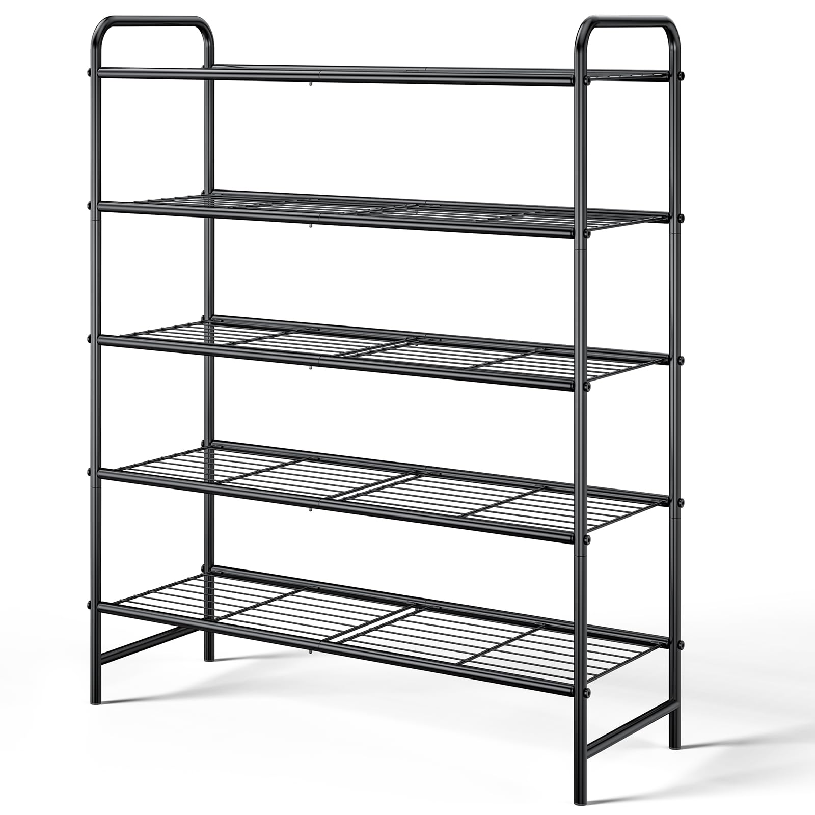 Kitsure 5-tier black shoe rack, front view, sturdy stainless steel construction supports organized storage.