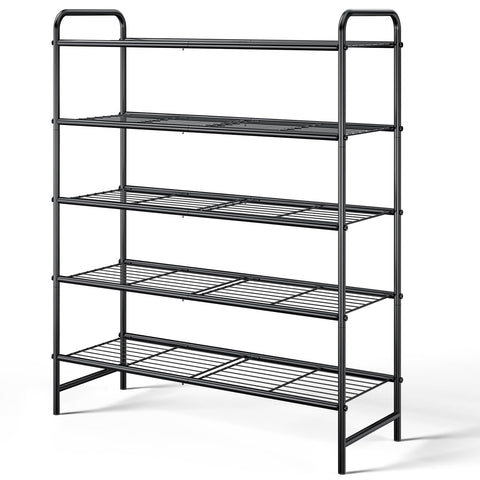 Kitsure 5-tier black shoe rack, front view, sturdy stainless steel construction supports organized storage.