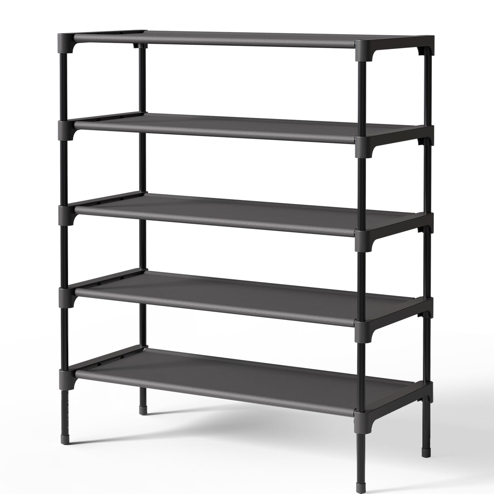 Kitsure 5-tier shoe rack with non-woven shelves keeps shoes organized and protected.