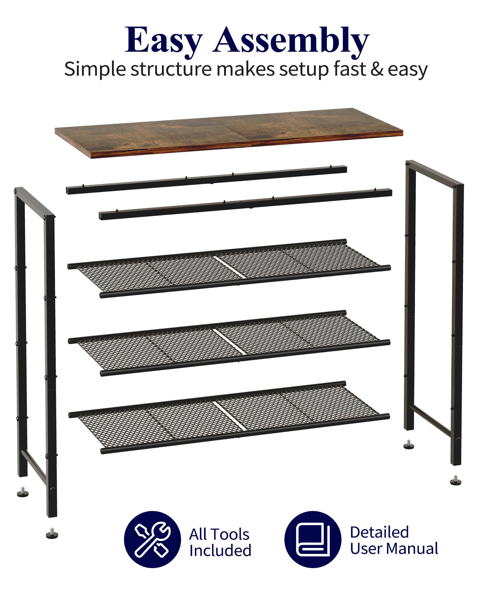 Kitsure shoe rack with adjustable leveling feet keeps the unit stable on uneven floors.
