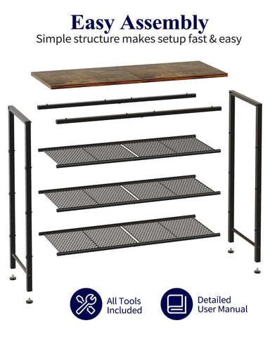 Kitsure shoe rack with adjustable leveling feet keeps the unit stable on uneven floors.