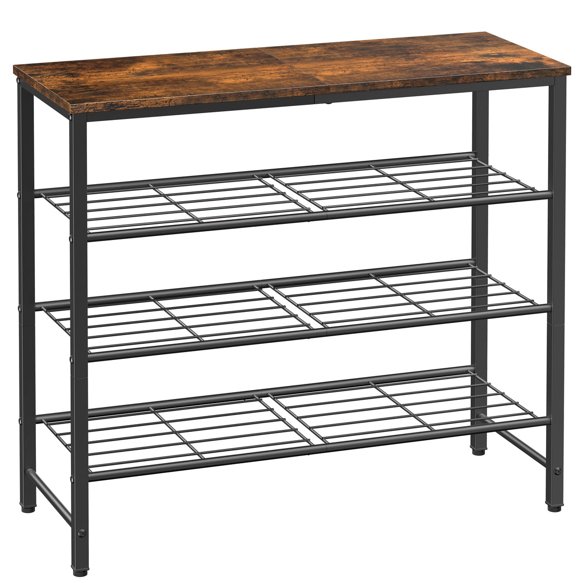 Kitsure rustic brown shoe rack in closet keeps footwear organized and accessible.