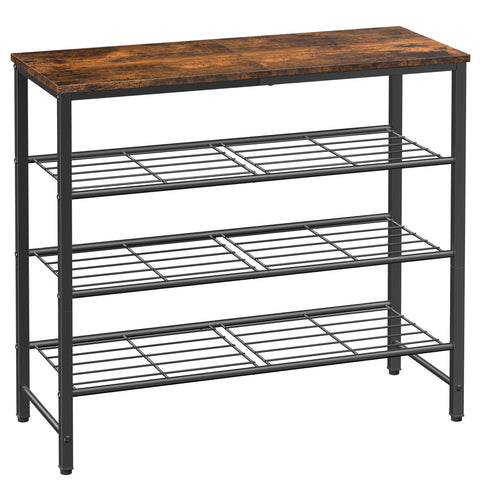 Kitsure rustic brown shoe rack in closet keeps footwear organized and accessible.