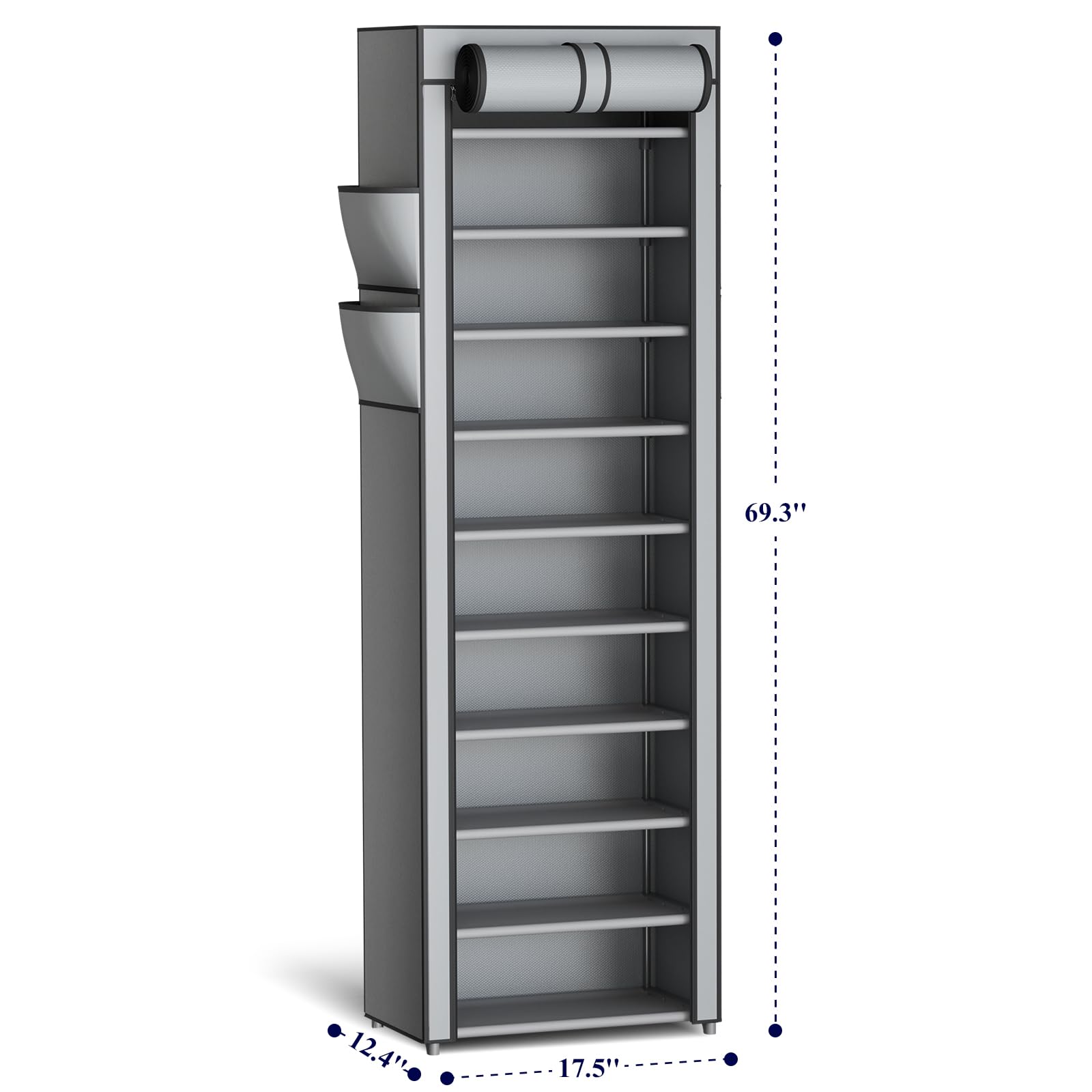Kitsure shoe rack with dust cover and side pockets for easy storage of accessories.