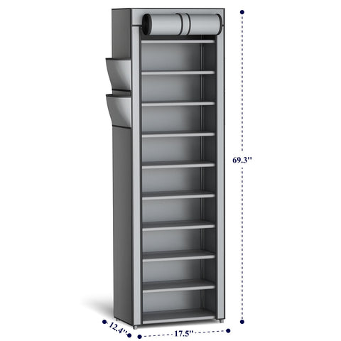 Kitsure shoe rack with dust cover and side pockets for easy storage of accessories.