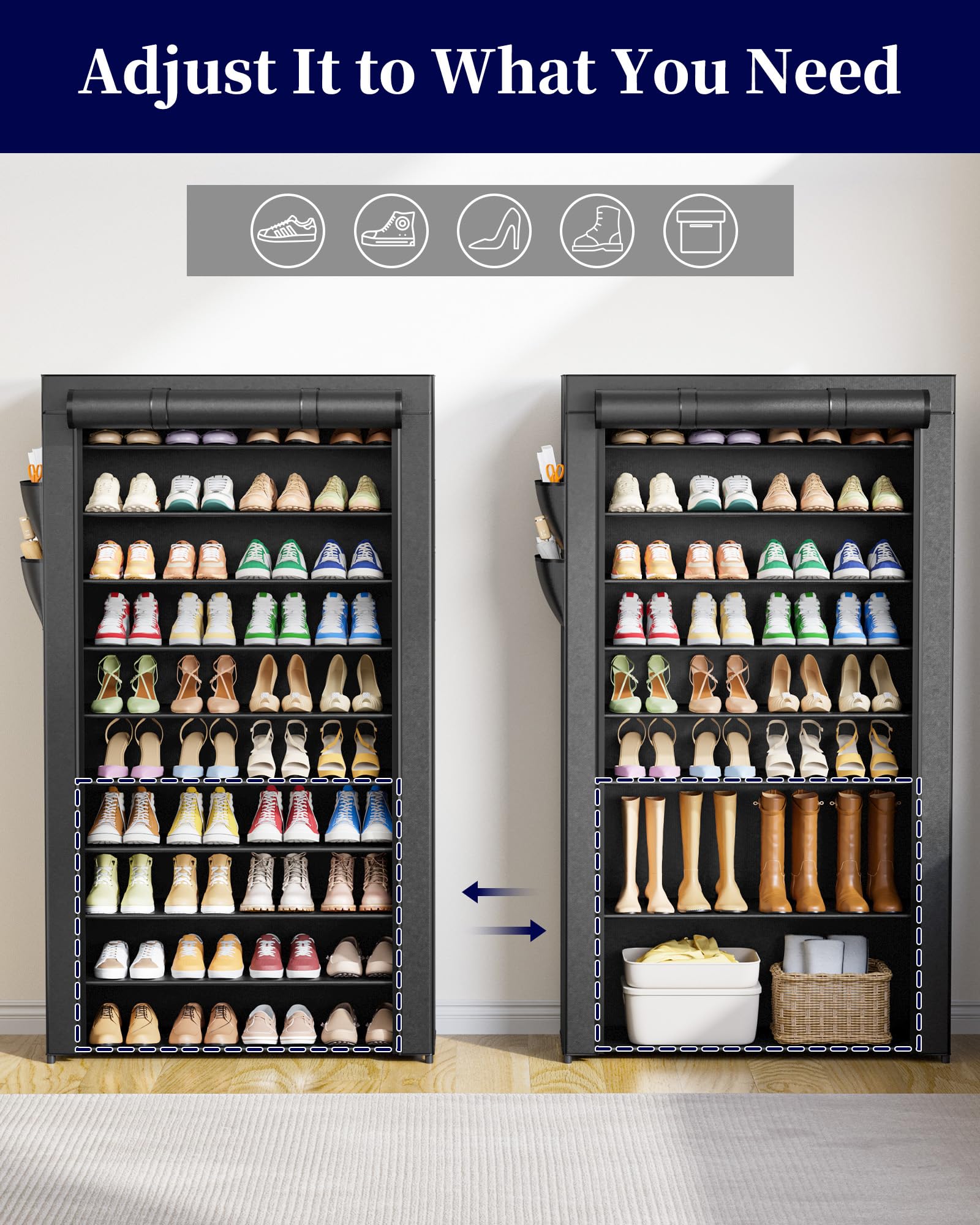 Kitsure flat fabric shelves keep shoes upright and organized.