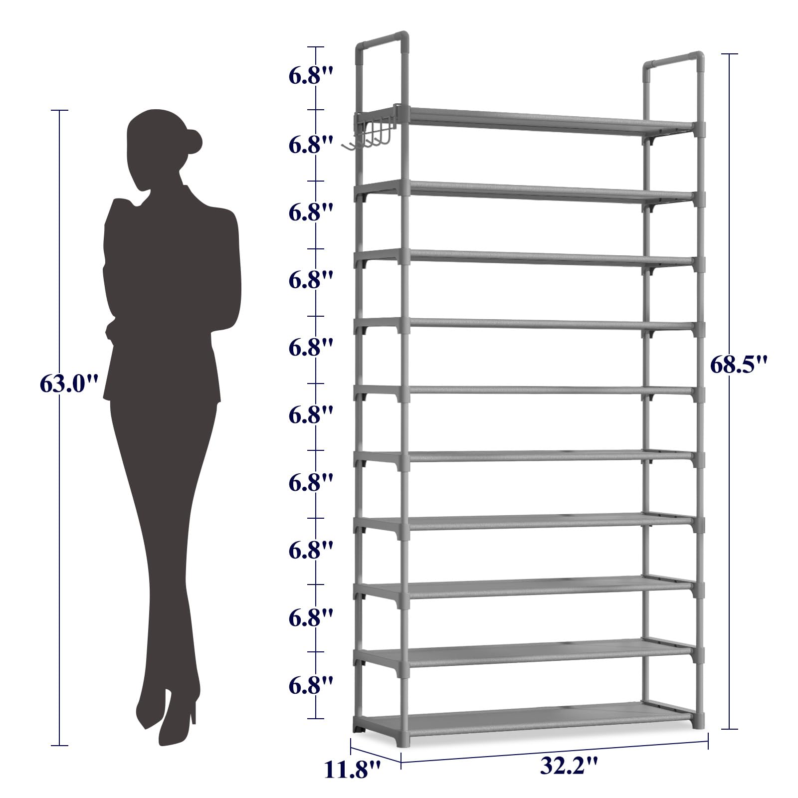 Kitsure shoe rack hook rack demonstrating extra storage for bags and keys in a compact closet