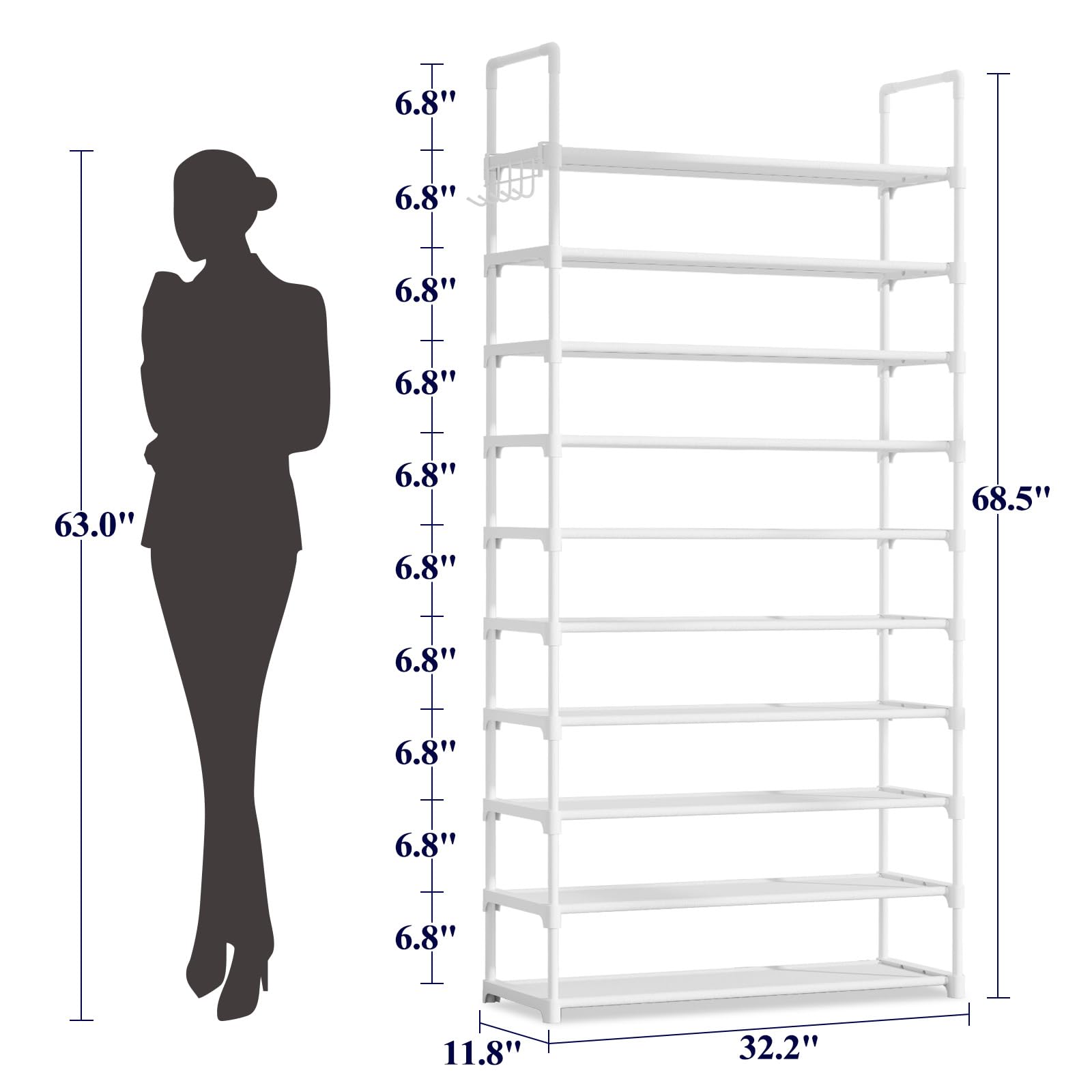 Kitsure shoe rack with hook rack adds space for bags and keys near the entry.