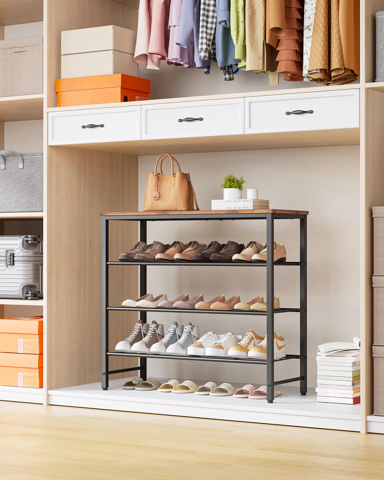 Kitsure four adjustable leveling feet stabilize the rack on uneven floors.